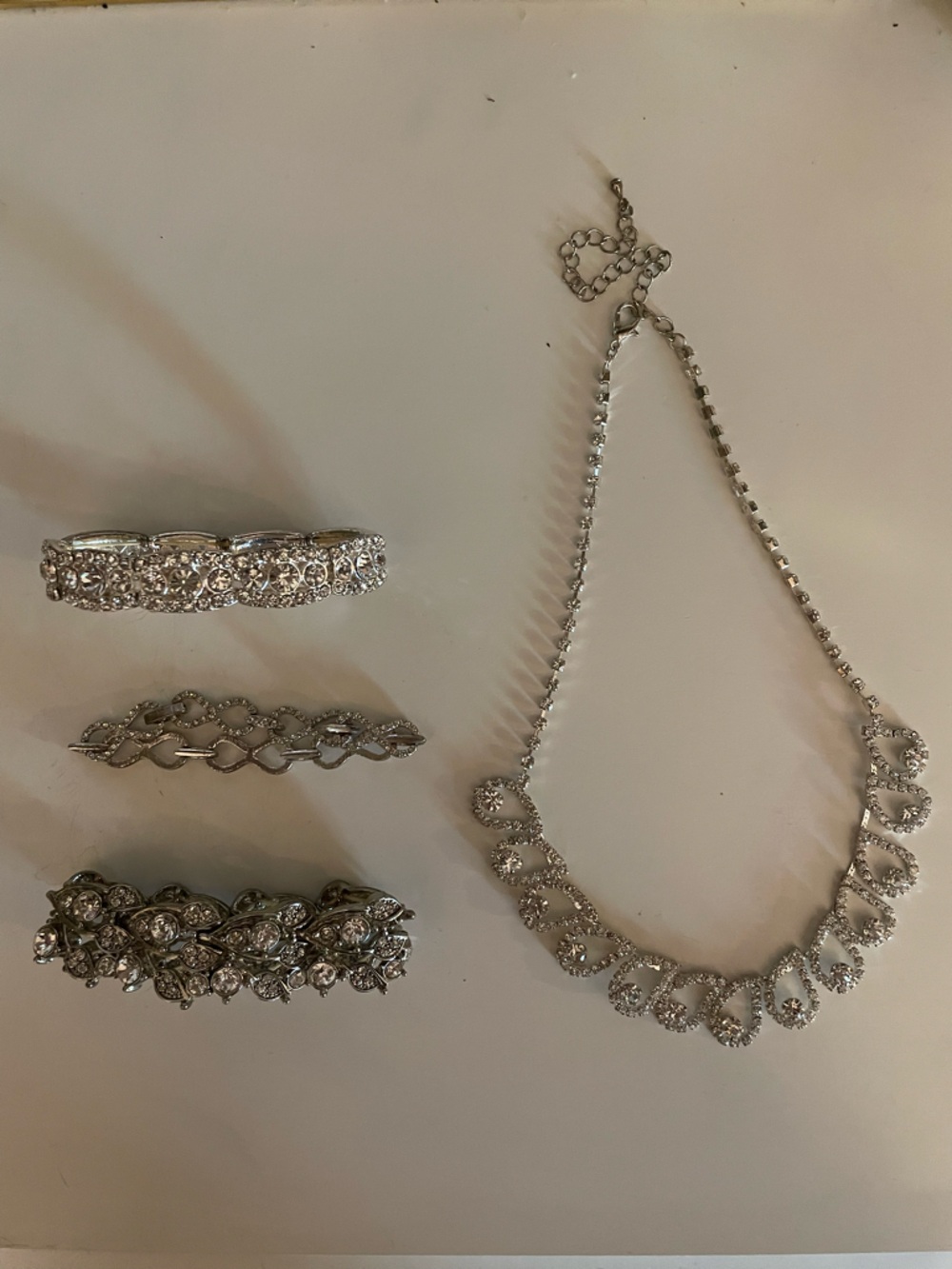 Bridal Prom Silver Rhinestone Jewelry Set of Necklace and Bracelets